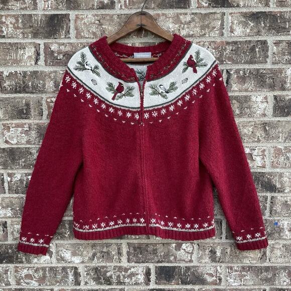 Croft‎ & Barrow MP Cardinal Sweater Red Full Zip Embroidered Birds Grandmacore - Picture 1 of 9